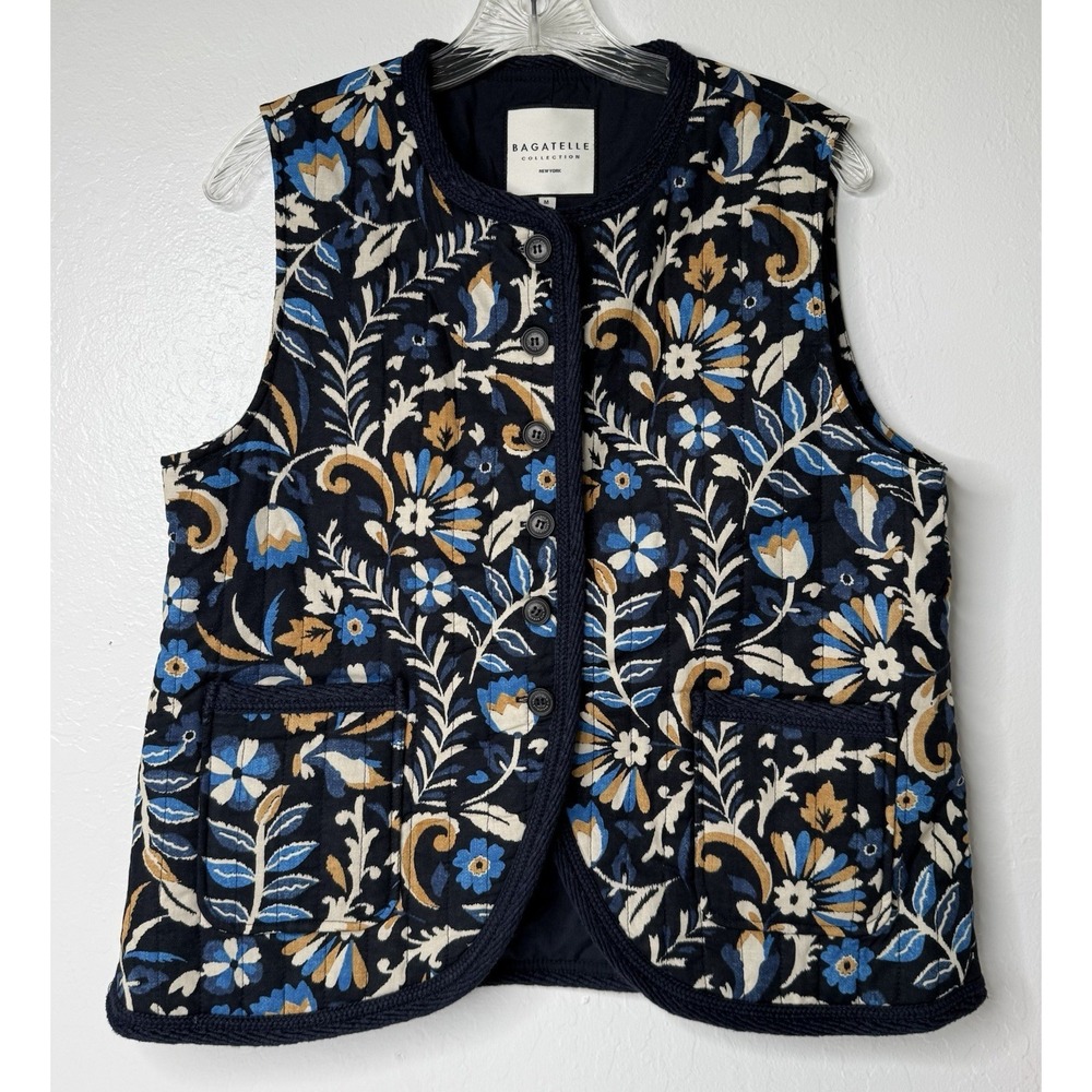 Bagatelle Collection Women Sz M Quilted Floral Paisley Vest Blue Cottagecore New